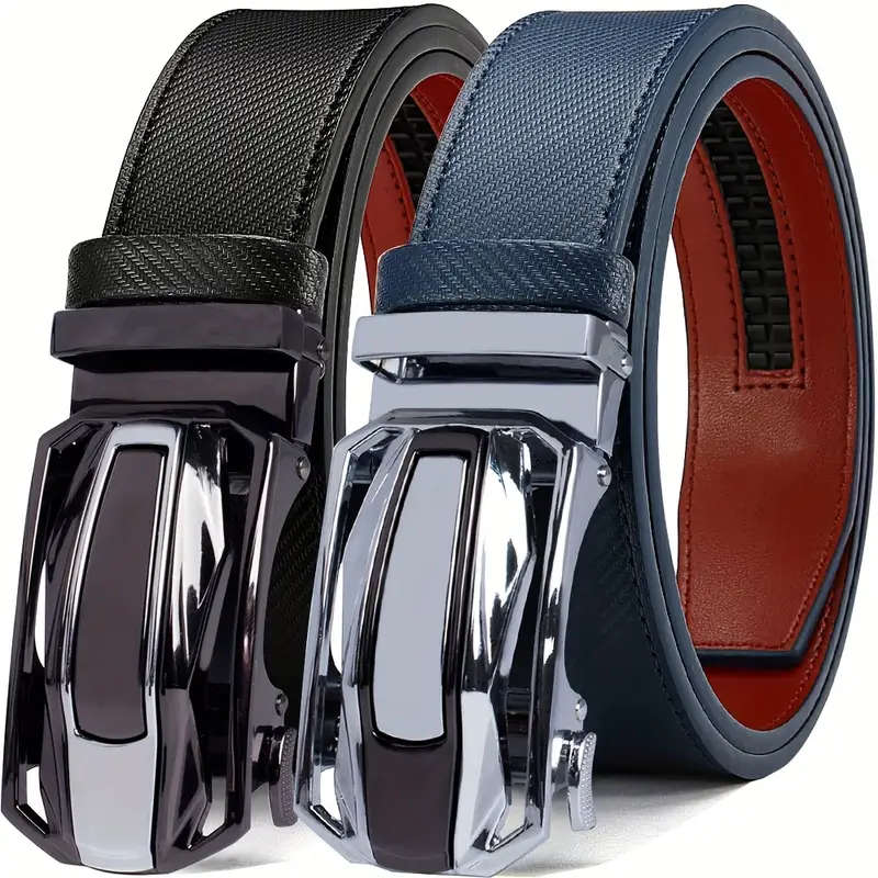 2 Men's Leather Automatic Buckle Belts Black+Blue 115CM