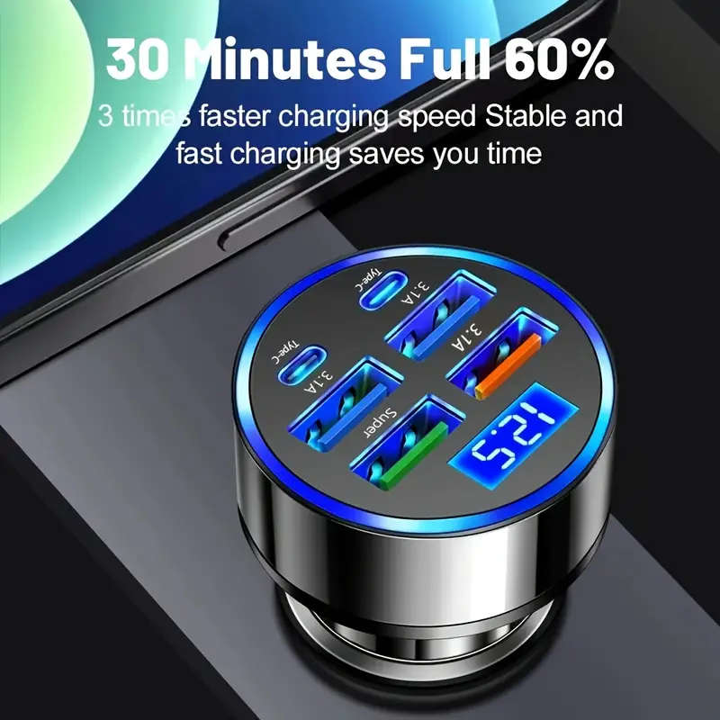 6 in 1 Car Charger with Digital Display 3.1A Multi-Function Fast Charge QC3.0 Compatible Car Plug