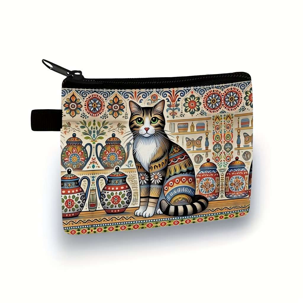 Bohemian Style Cat Print Pouch Vibrant Floral Teapot Design Zipper Closure Polyester Mate