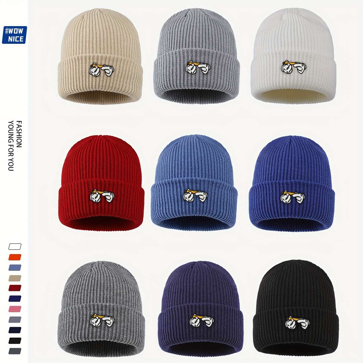 Rendy Leaf Embroidered Acrylic Beanie Unisex Cartoon Cigarette Design Knit Skull Cap Lightwei