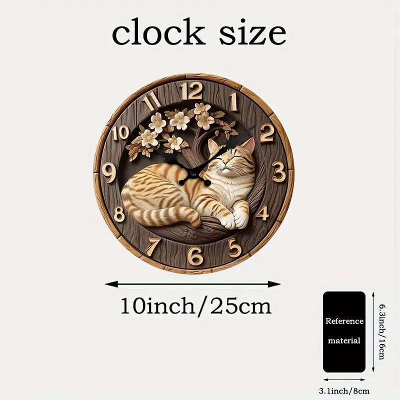 1pc 3D Wooden Cat Pattern Wall Clock Silent Digital Display Round
