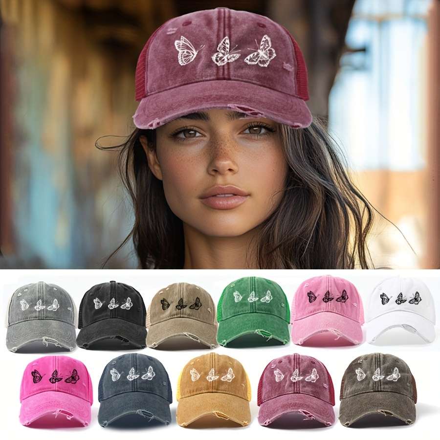 1pc Chic Butterfly Print Baseball Cap for Women Adjustable Lightweight Distressed Look Perfe