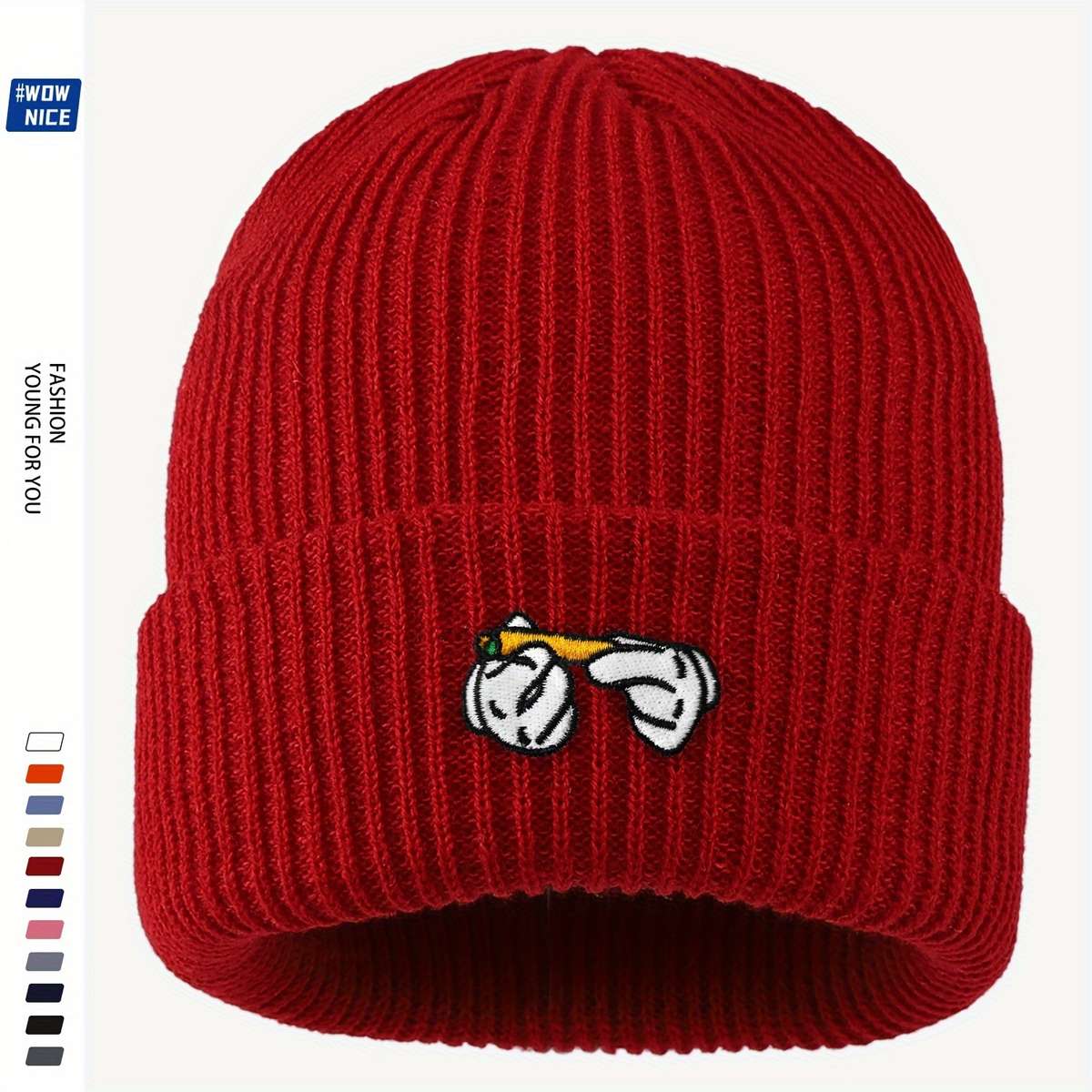 Rendy Leaf Embroidered Acrylic Beanie Unisex Cartoon Cigarette Design Knit Skull Cap Lightwei