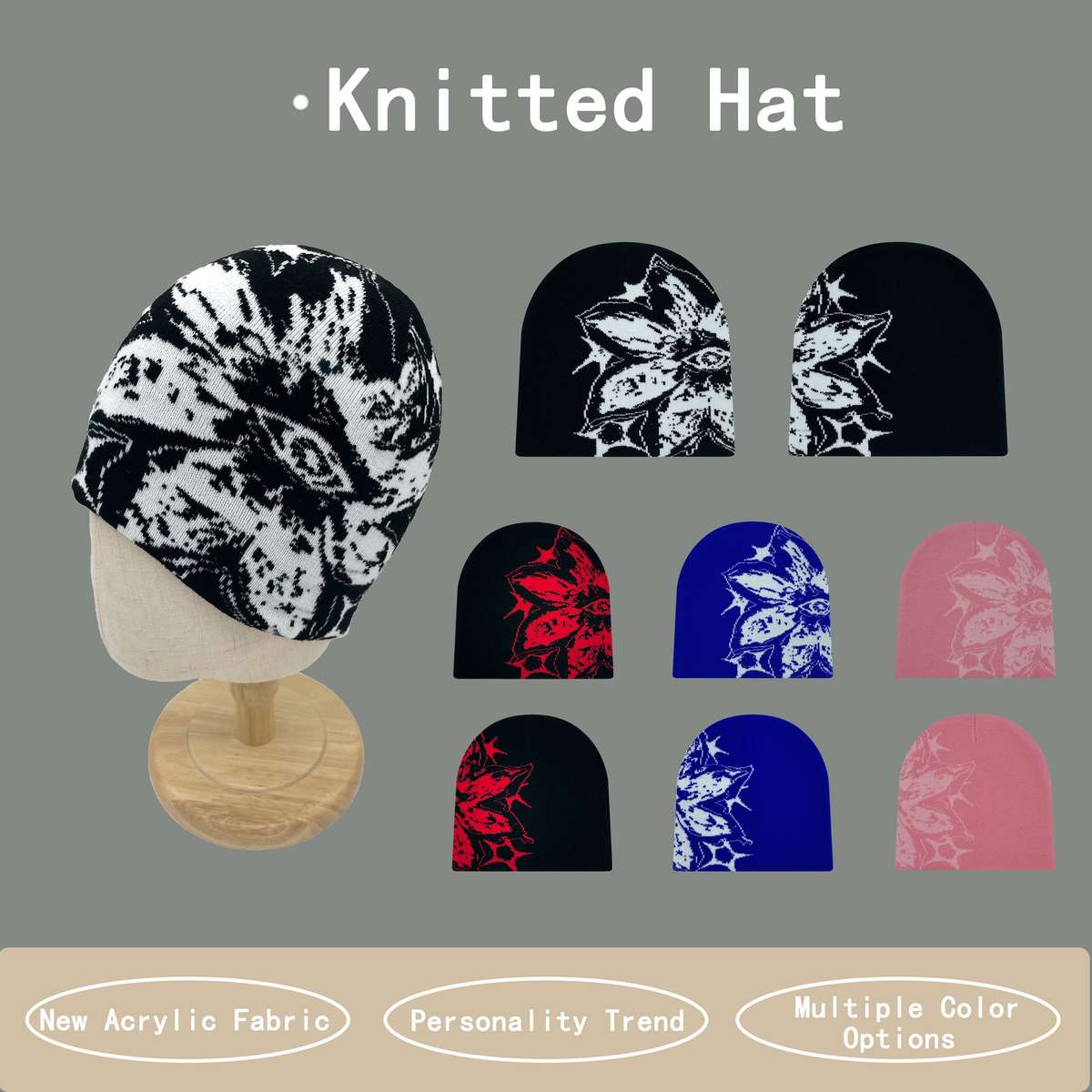 Acrylic Knit Hat Skullies Beanies With Large Jacquard Pattern Unisex Street Style Beanie Ca
