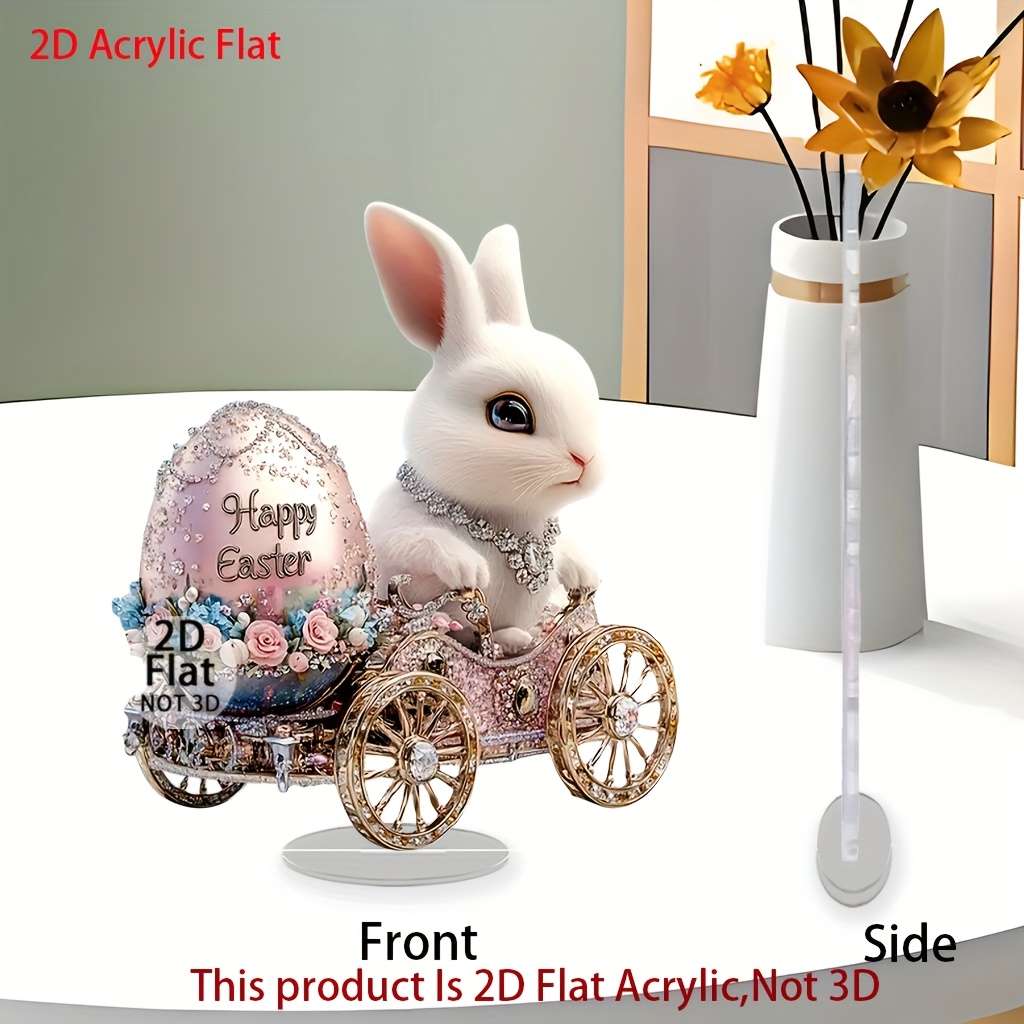 1pc 2D Flat   Easter Bunny Acrylic Ornament  Rabbit Riding Decorative Egg with Floral D