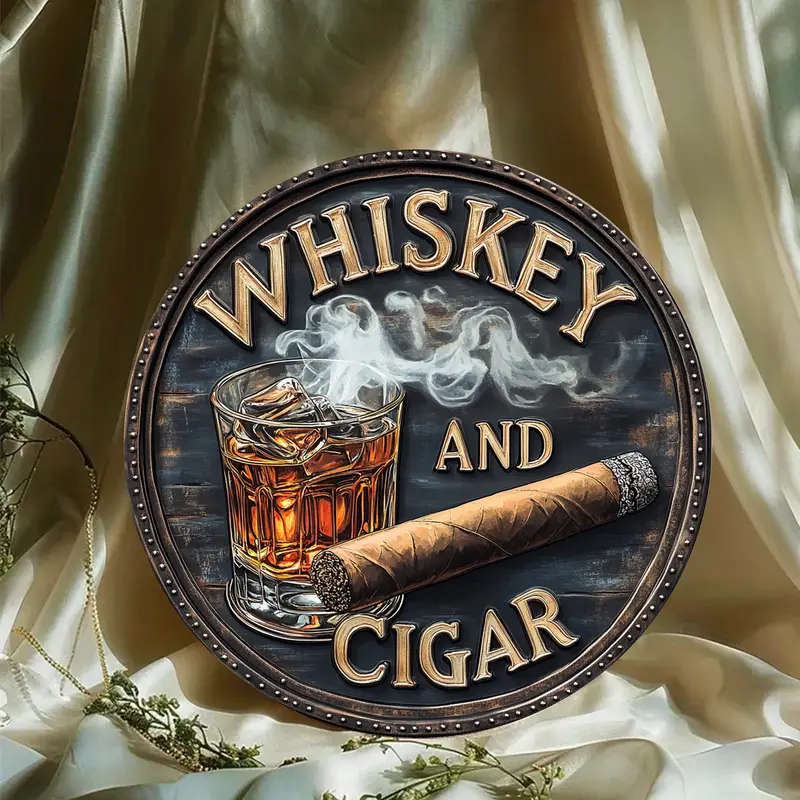 3D Painted Rustic Wooden Round Sign Whiskey And Cigar Artistic Decorative Wall Art Unframed Clas