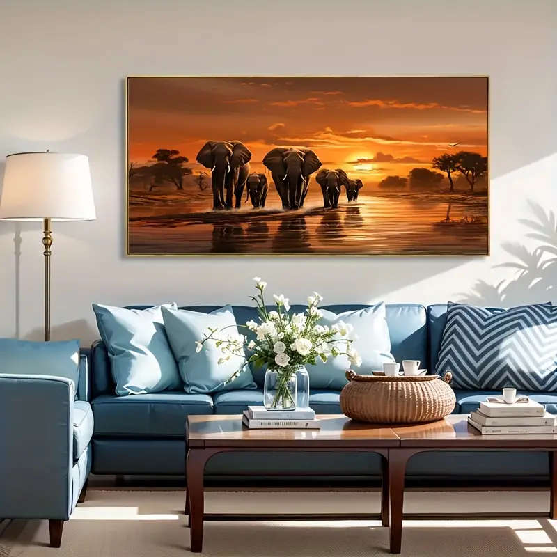 1pc Elephant Family Canvas Art Print 23.6x47.2in 60x120cm Unframed African Wildlife Park Wall Decor