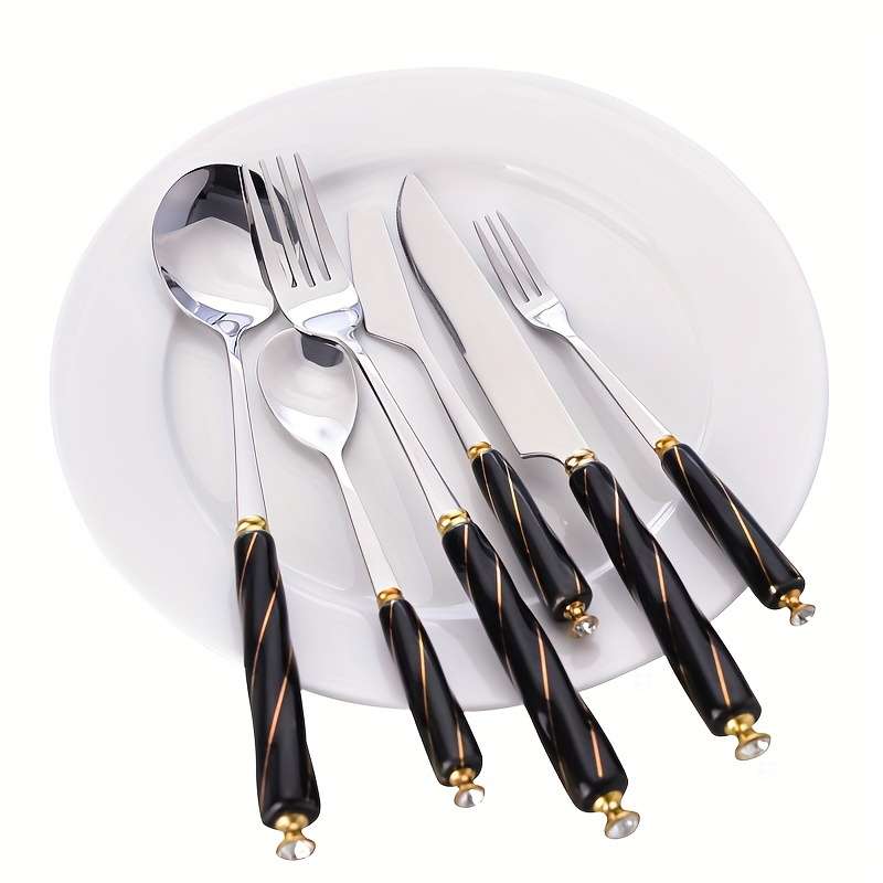 6pcs Western Knife Fork Spoon Stainless Steel Cutlery Set Black Threaded Ceramic Handle Stea