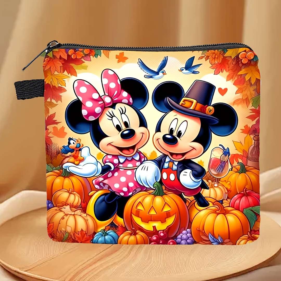 Disney Mickey Minnie Mouse Coin Purse Festive Fall-Themed Design With Pumpkins Apples Au