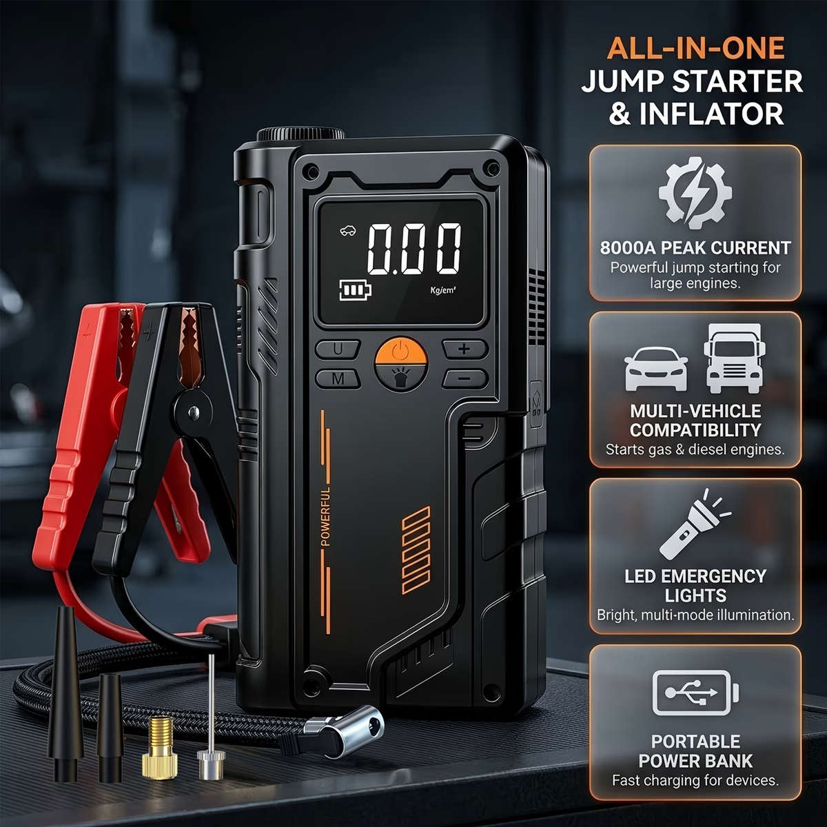 Heavy Duty 9 in 1 Emergency Car Jump Starter and Tyre Inflator
