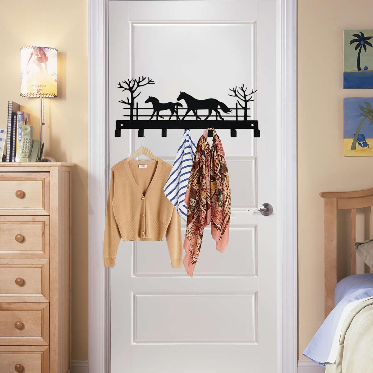 Metal Wall Mount Key Holder Boho Style Black With 7 Hooks Easy Install