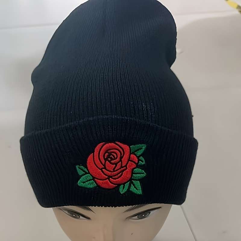Embroidered Rose Beanie Hat 100% Acrylic Knit Cap with Elasticity Lightweight Winter Headwear