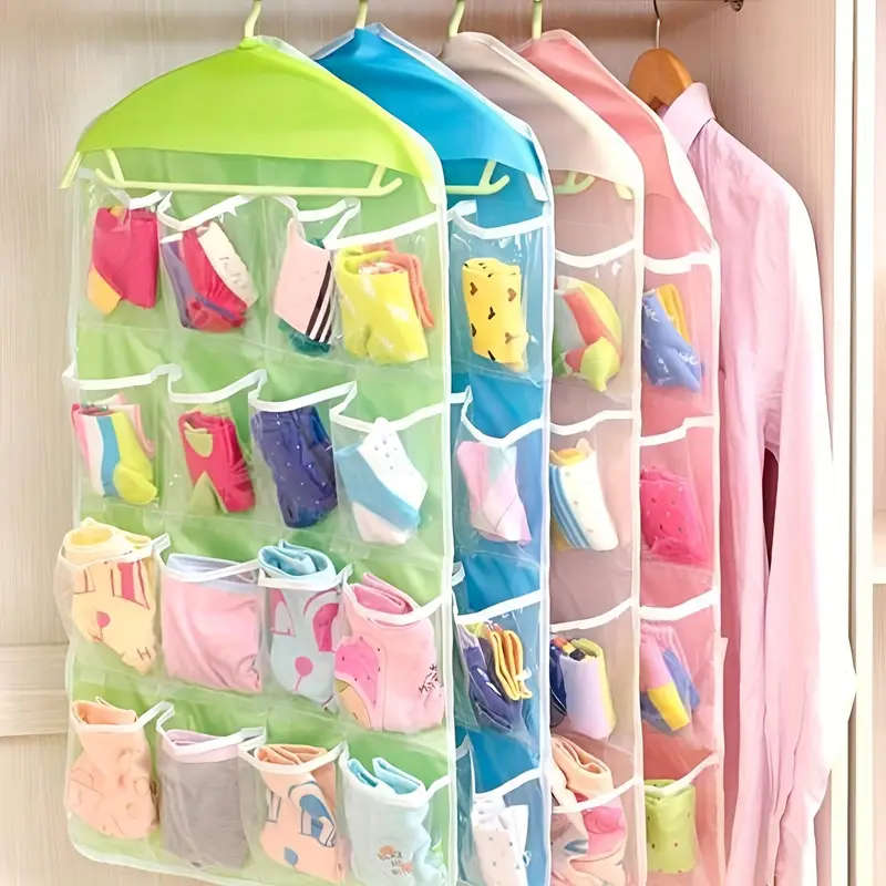 1pc Colorful 16-Pocket Hanging Storage Organizer for Socks Underwear Small Items Transparent Mesh De