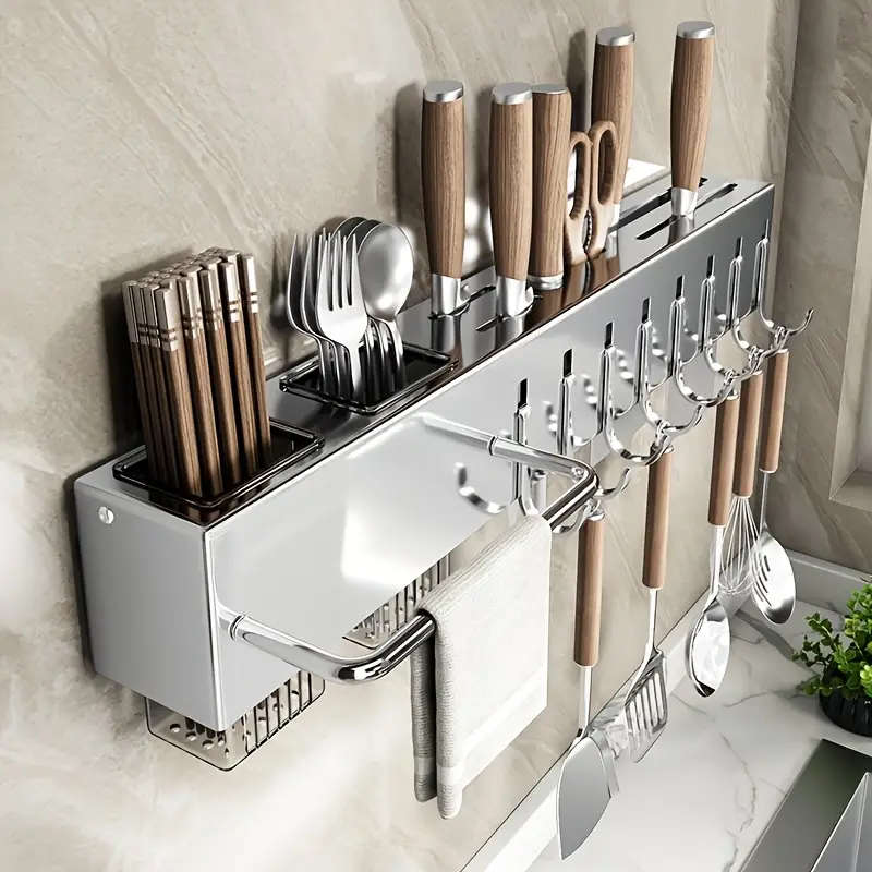 1pc Modern Wall-Mounted Kitchen Rack Carbon Steel Multi-Functional Utensil Holder 50cm