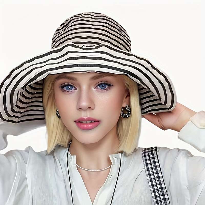 Black White Striped Wide Brim Bucket Hat Lightweight Breathable Sun-Protective Fisherman