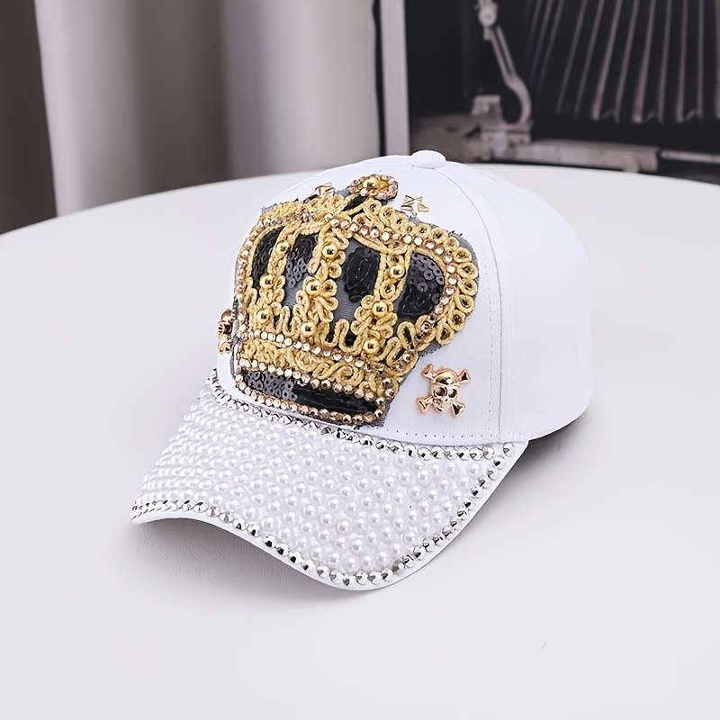 Baseball Cap Designer'S New Style With Crown Embellished With Diamonds And Pearls Denim