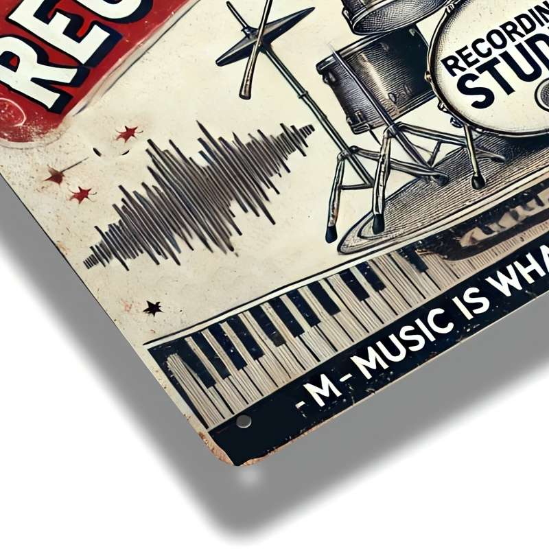 Vintage Recording Studio Metal Wall Sign 20.32X30.48 Cm Retro Drum Set Microphone De