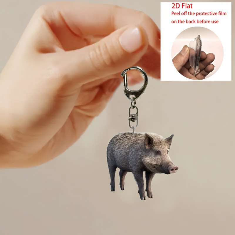 1pc 2D Flat   Cute Wild Boar Acrylic Keychain Waterproof  Design Realistic Fur Texture
