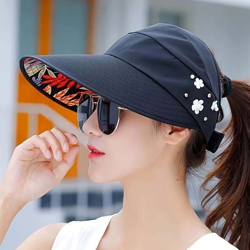 Trendy Beaded Flower Visor Hats Solid Color Foldable Uv Protection For Women Outdoor Summe
