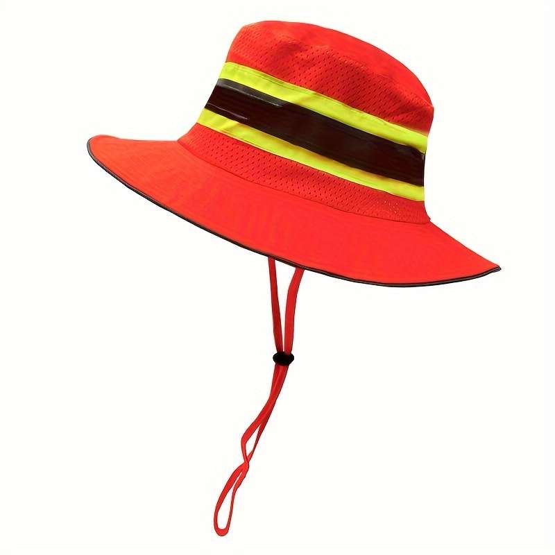 Fluorescent Mesh Bucket Hat With Reflective Strips Windproof Rope Protection Lightweight Su