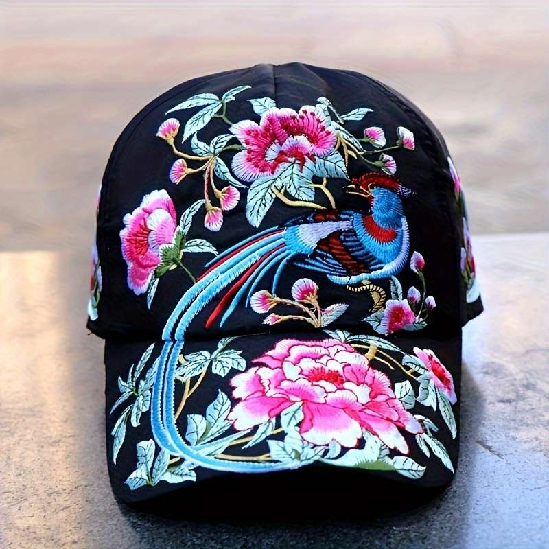 1pc Elegant Oriental-Inspired Women's Baseball Cap with Floral Bird Embroidery Adjustable Sun-