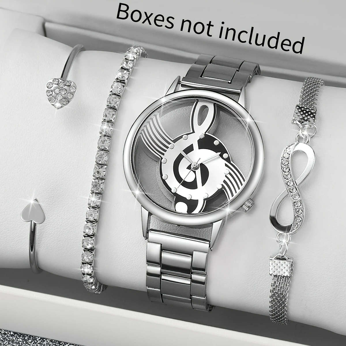 4pcs set Women's Watch Creative Hollow Musical Note Dial Quartz Watch Bracelet Set Does Not Include