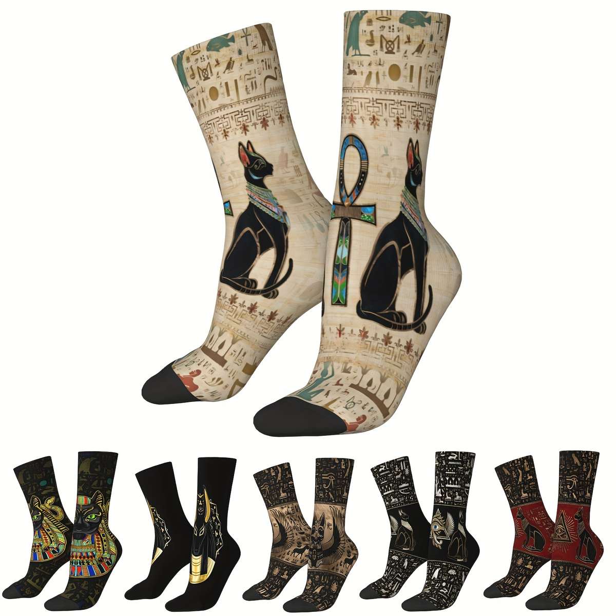 1 Pair One Size Cats And Ankh Cross Socks