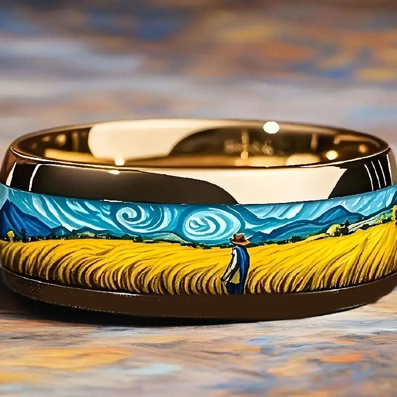 8mm Titanium Van Gogh Abstract Art Ring