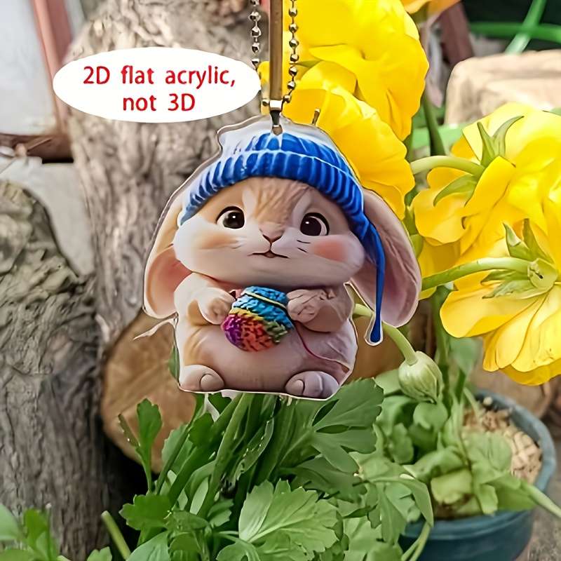 2D Flat Adorable Acrylic Bunny Keychain Design Cute Rabbit with Knit Hat Colorful Yarn