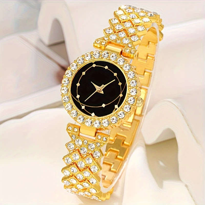 6pcs set Elegant Women's Quartz Wrist Watch Set with Simple Round Alloy Case Rhinestone Accents Poin