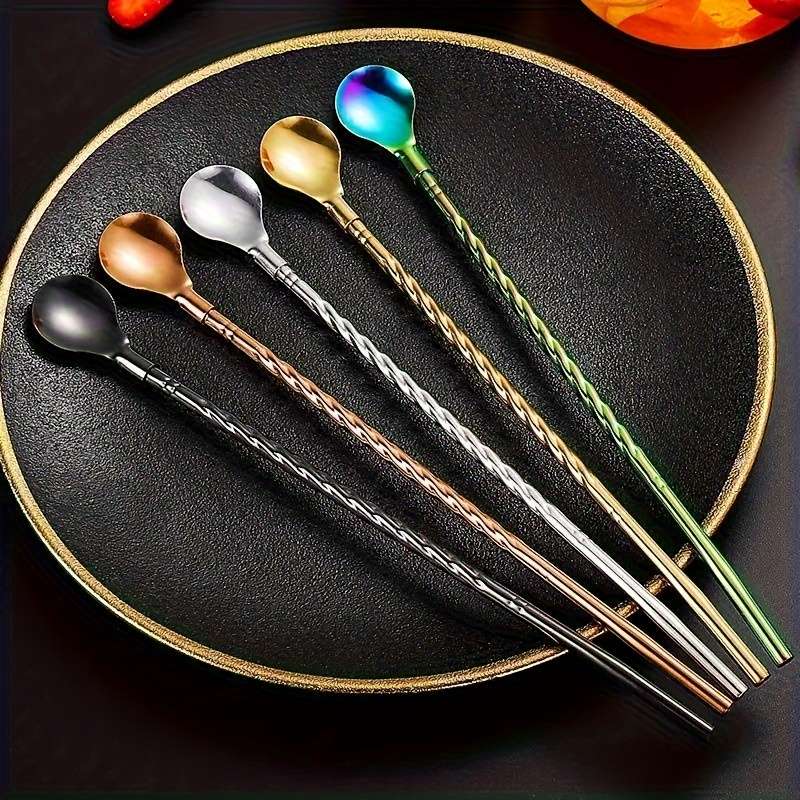 5pcs Dual-Use Long-Handle Iced Tea Spoon Stirring Spoon Stainless Steel Coffee Spoon Colorfu