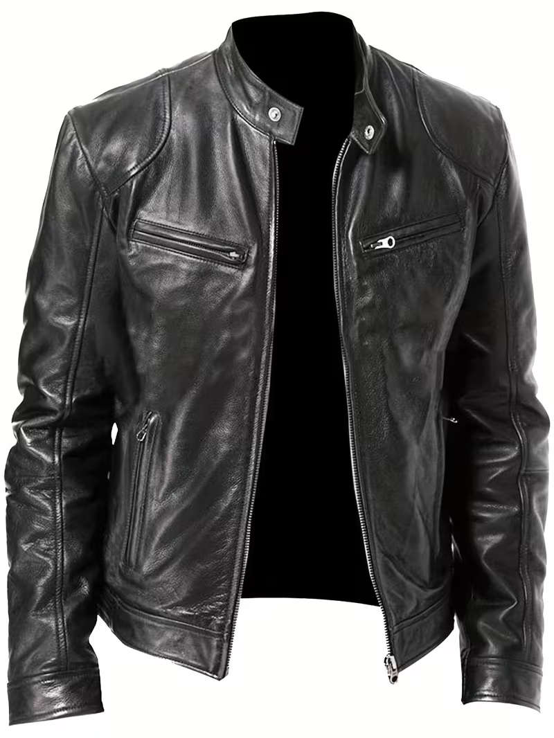 Multi-Pocket PU Leather Slim-Fit Motorcycle Jacket - Large