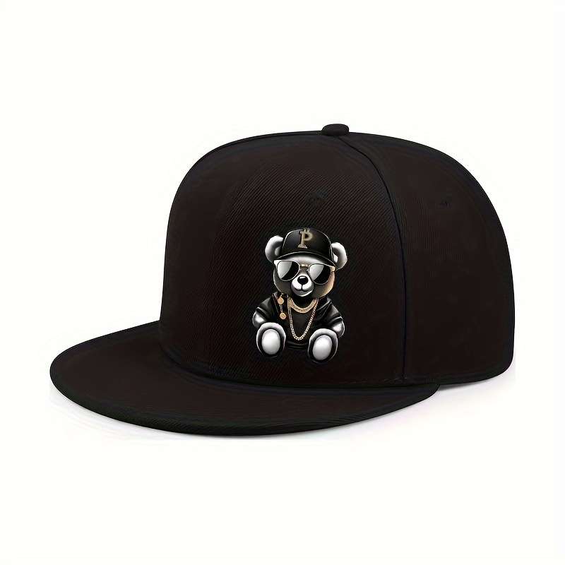 1pc Adjustable Hip-Hop Baseball Cap with Cute Bear Pattern Sun Protection Lightweight Flat Brim