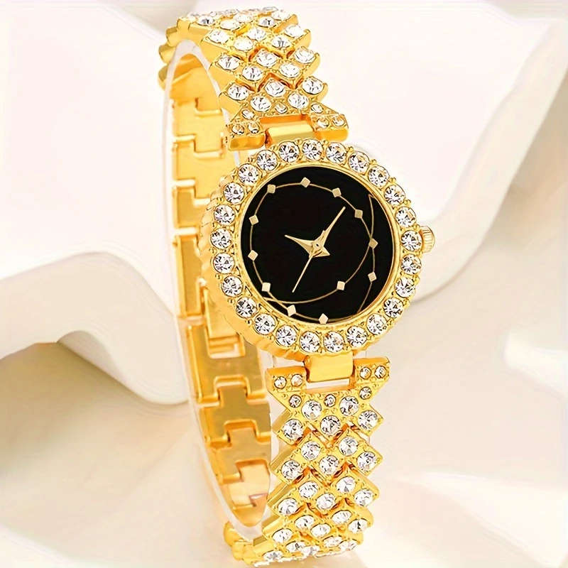 6pcs set Elegant Women's Quartz Wrist Watch Set with Simple Round Alloy Case Rhinestone Accents Poin