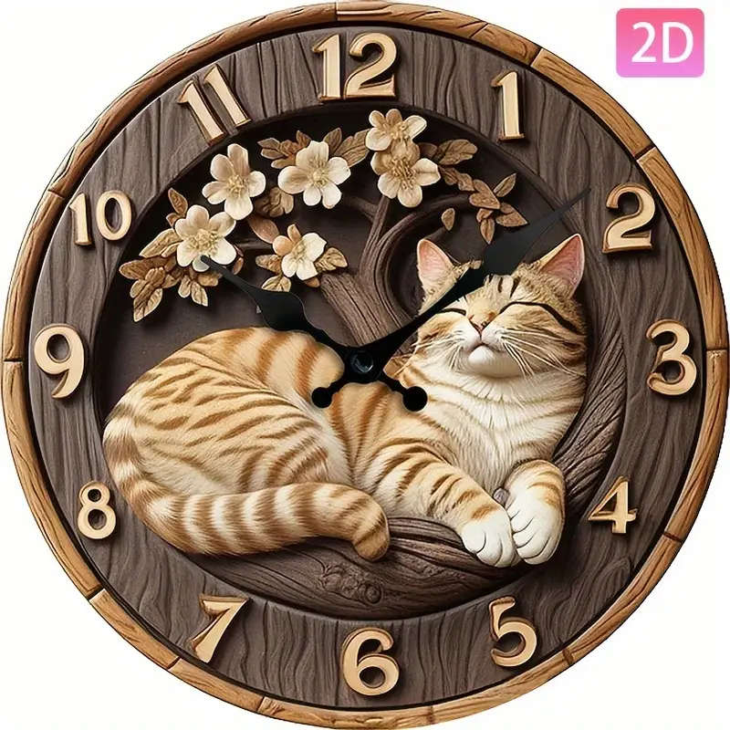 1pc 3D Wooden Cat Pattern Wall Clock Silent Digital Display Round