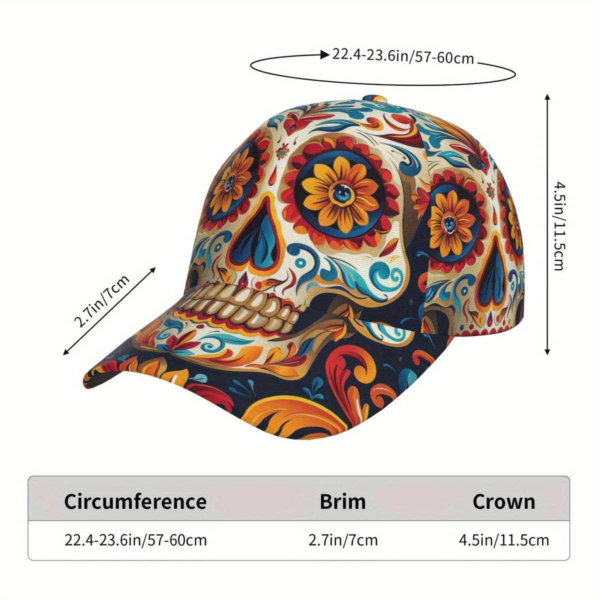 Gothic Sugar Skull Print Baseball Cap Adjustable Breathable Lightweight