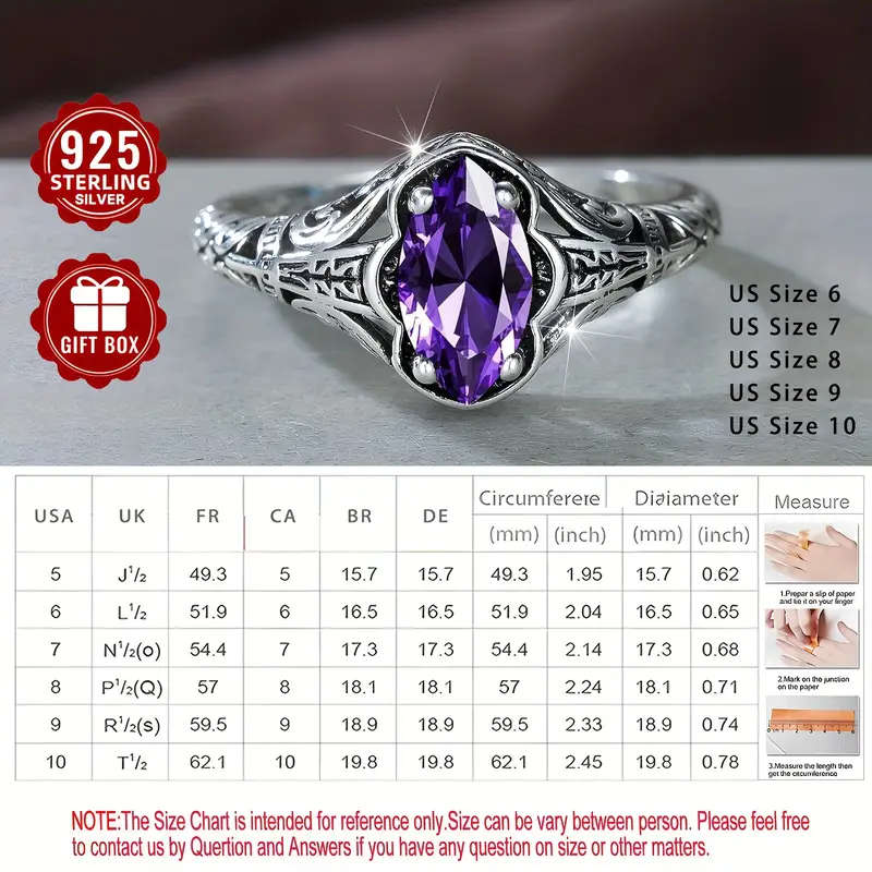 S925 Silver Vintage Elegant Marquise Cut Purple Synthetic Synthetic Zirconia Ring