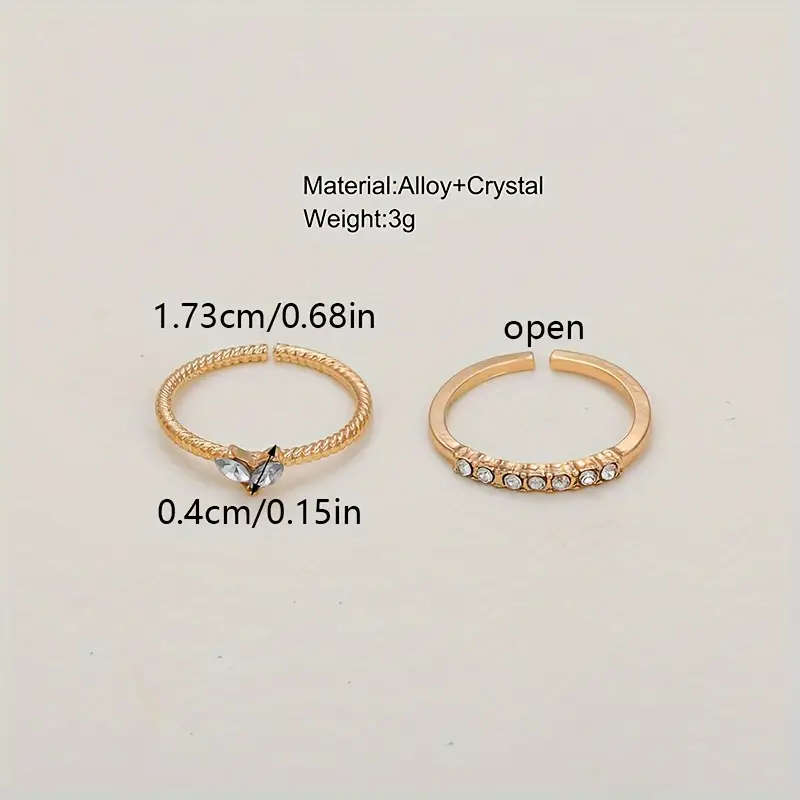 2 Piece - Rhinestone Heart & Twist Design Open Ring Set for Women