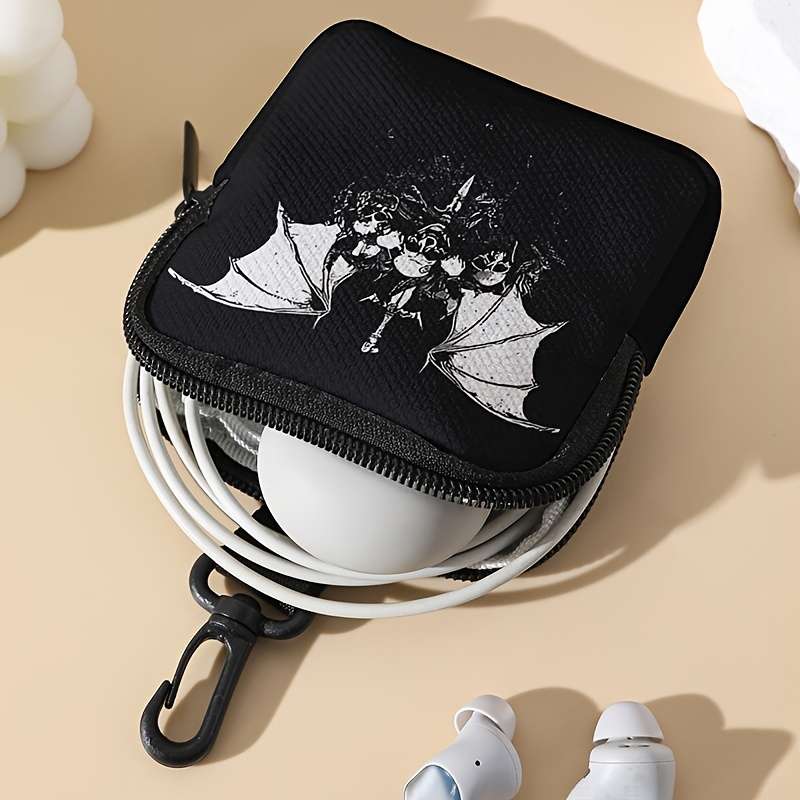 Contemporary Skull And Bat Print Coin Wallet Large Capacity Polyester Zippered Coin Purse