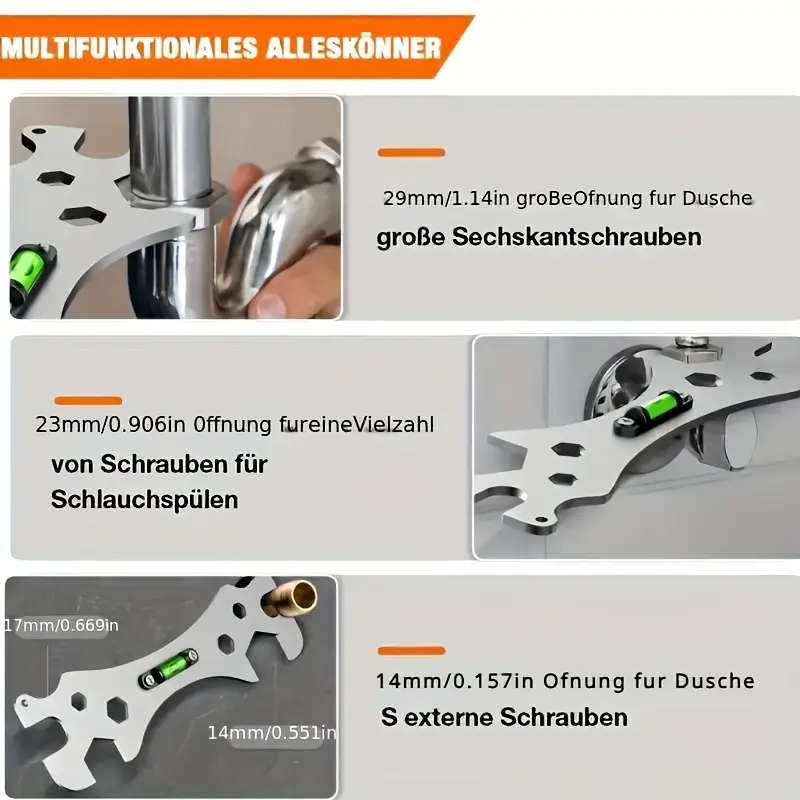 1pc Stainless Steel Shower Installation Wrench with Hexagonal Level Curved Foot Ruler Adjustable Rus