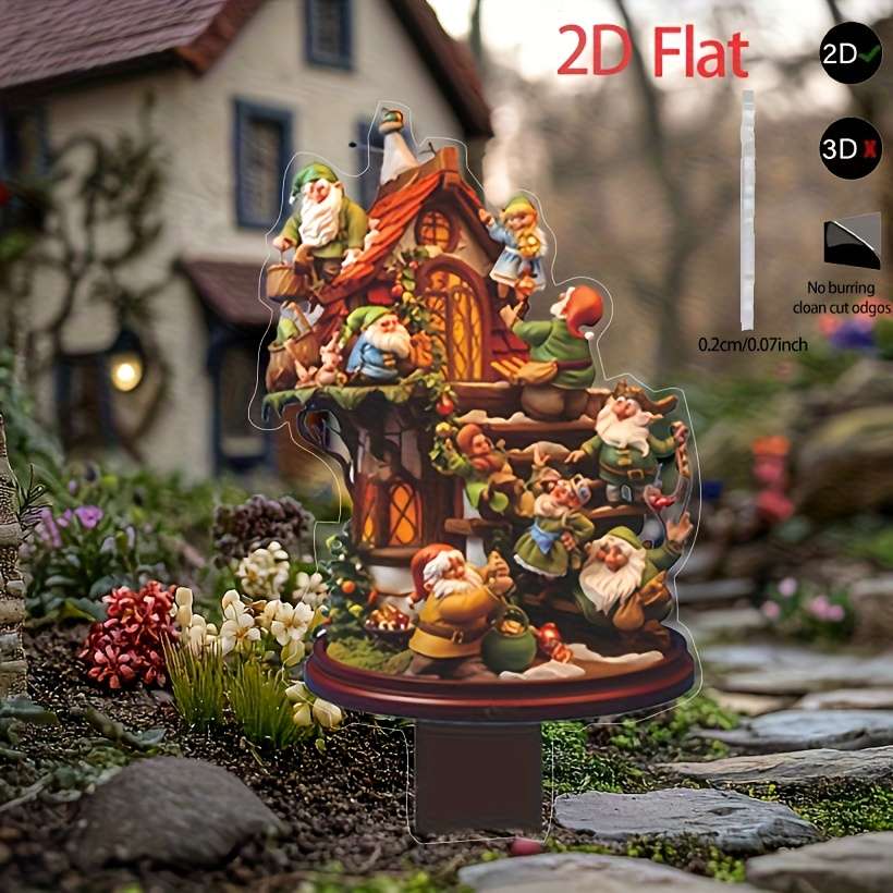 1pc 2D Flat  Pack of 1 Many Gnomes and Houses Art Decor Style Acrylic Garden Stakes Lawn Pot Deco