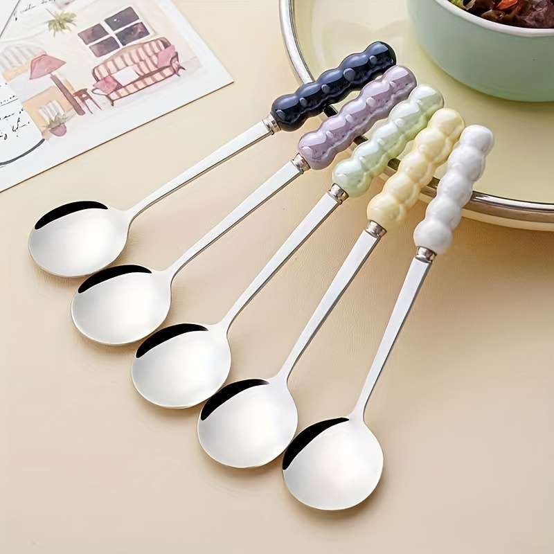 4pcs Stainless Steel Coffee Scoops with Elegant Ceramic Pearl Handle Multi-Purpose Soup Desse