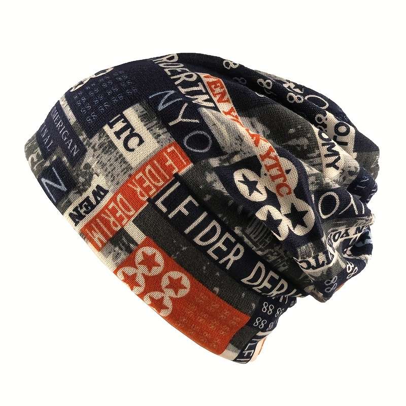 1pc Unisex Printed Beanie Hat Scarf Casual Style High Stretch Polyester with Elastane Light