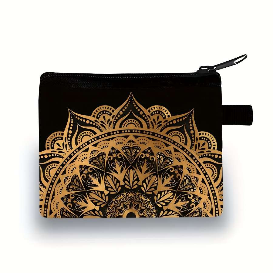 Stylish Mandala Print Zipper Pouch Lightweight Durable Polyester Coin Purse With Vibrant Flor