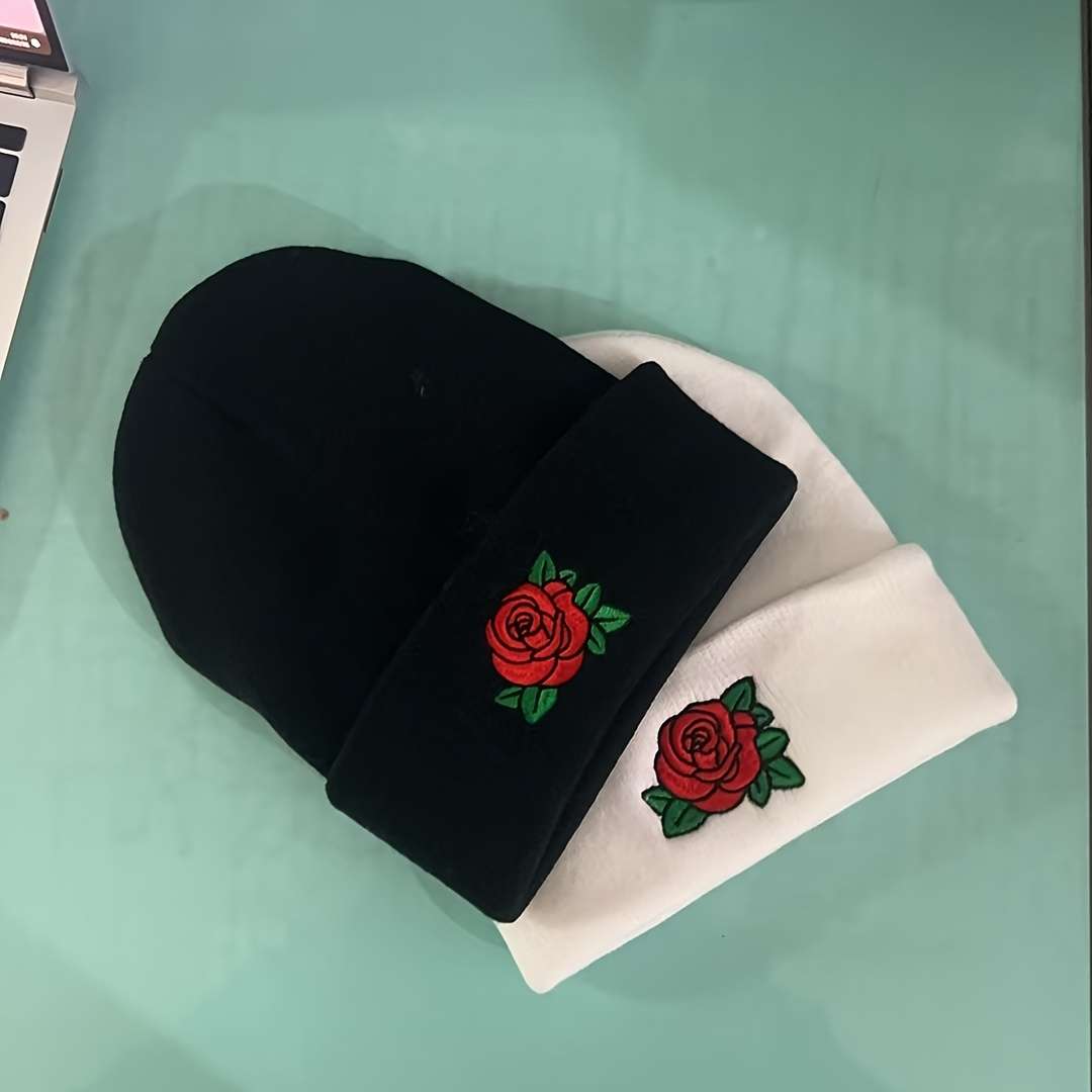Embroidered Rose Beanie Hat 100% Acrylic Knit Cap with Elasticity Lightweight Winter Headwear