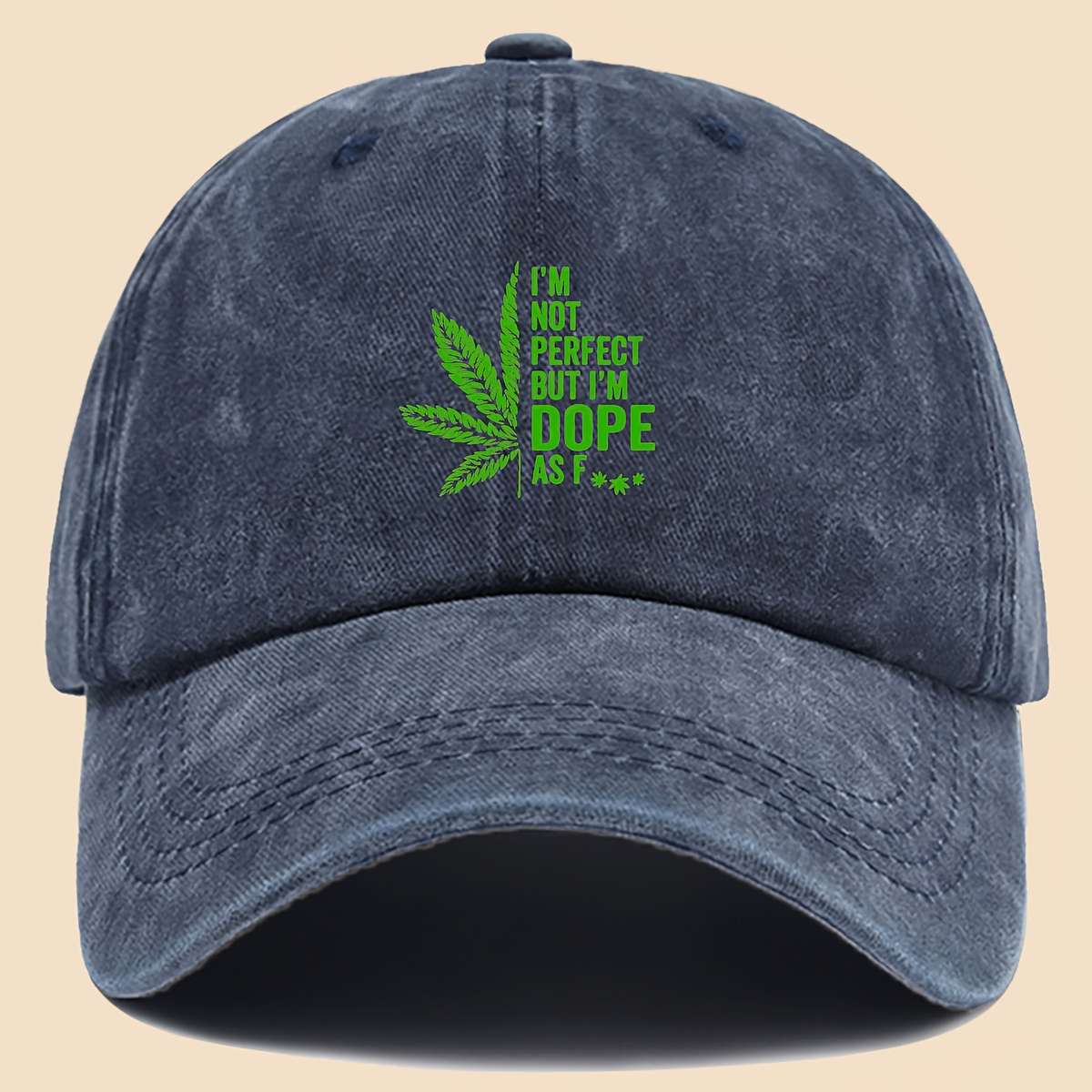 Stylish Black Baseball Cap with Green Leaf and I'M NOT PERFECT DOPPE Print Breathable