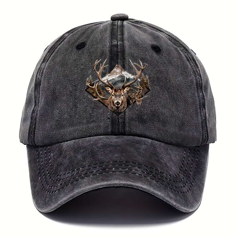 1pc Vintage-Style Unisex Elk Baseball Cap Green Suede with Deer Head Design Adjustable Fit for O
