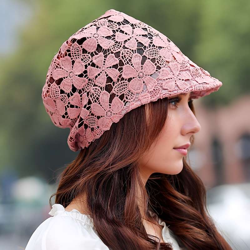 Women's Lightweight Lace Beanie Soft Brimmed Hat with Intricate Floral Patterns Perfect for