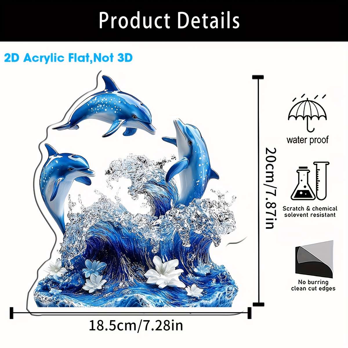 2D Flat Printing Blue Three Dolphins Acrylic Display Sign Cafe Bedroom Living Ro