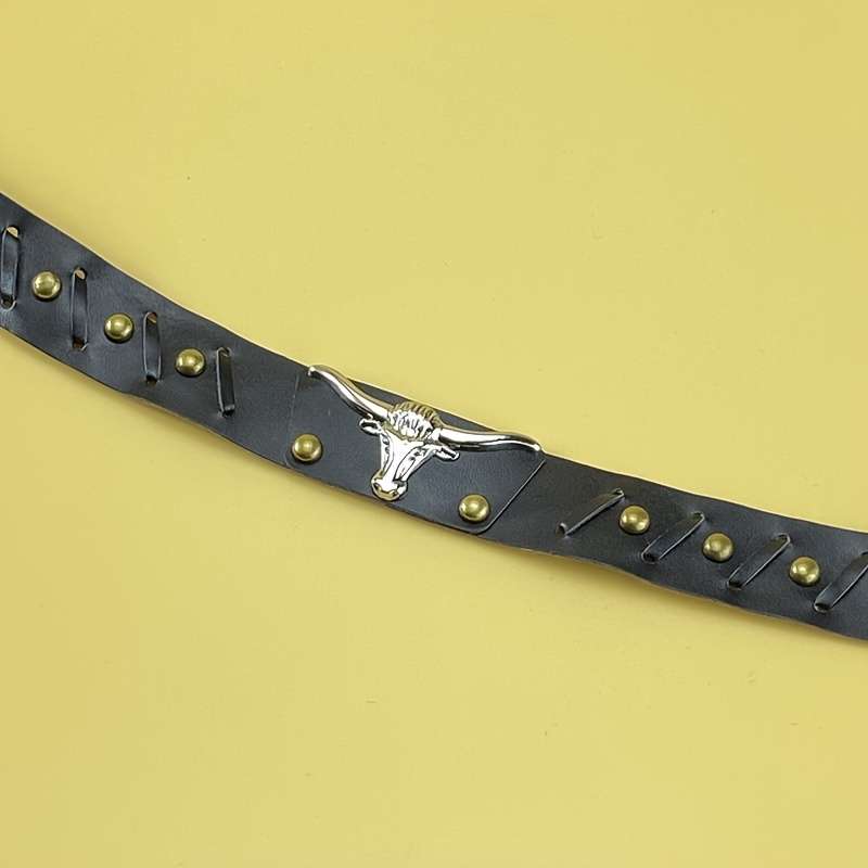 1pc Vintage Western Cowboy Hat with Intricate Silvery Horse Buckle Decor Black Faux Leather B